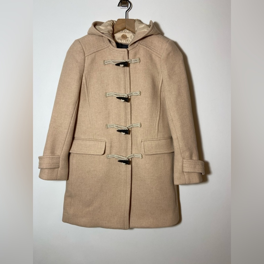 $350-J.Crew the 2007 Italian stadium-cloth wool toggle Hood coat BEIGE Sz 0P - Picture 2 of 9